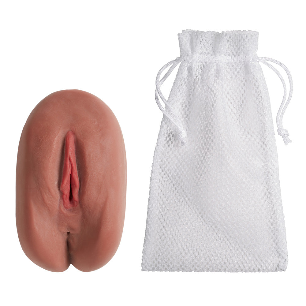 Cloud 9 Personal Pussy & Anal Body Mold Stroker Brown next to white storage bag, featuring realistic openings for versatility.
