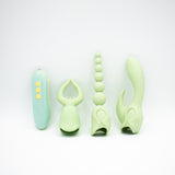 Pleasure Hunter Multifunction Vibrator Kit Mint with interchangeable attachments displayed in green.