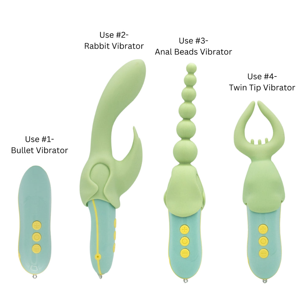 Pleasure Hunter Multifunction Vibrator Kit Mint showcasing four interchangeable vibrator attachments for various sensations.