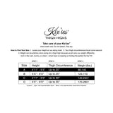 Size chart for Kixies Whitney Nude Red Seam Thigh Highs Size A, detailing height, thigh circumference, and weight ranges.