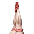 Kixies Whitney Nude Red Seam Thigh Highs Size A showcasing sheer nude legs and bold red bands with a striking back seam.