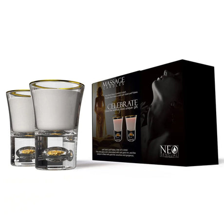 Neo Sensual Celebrate Duo Massage Candles 1 oz in elegant packaging with two glass candle holders.