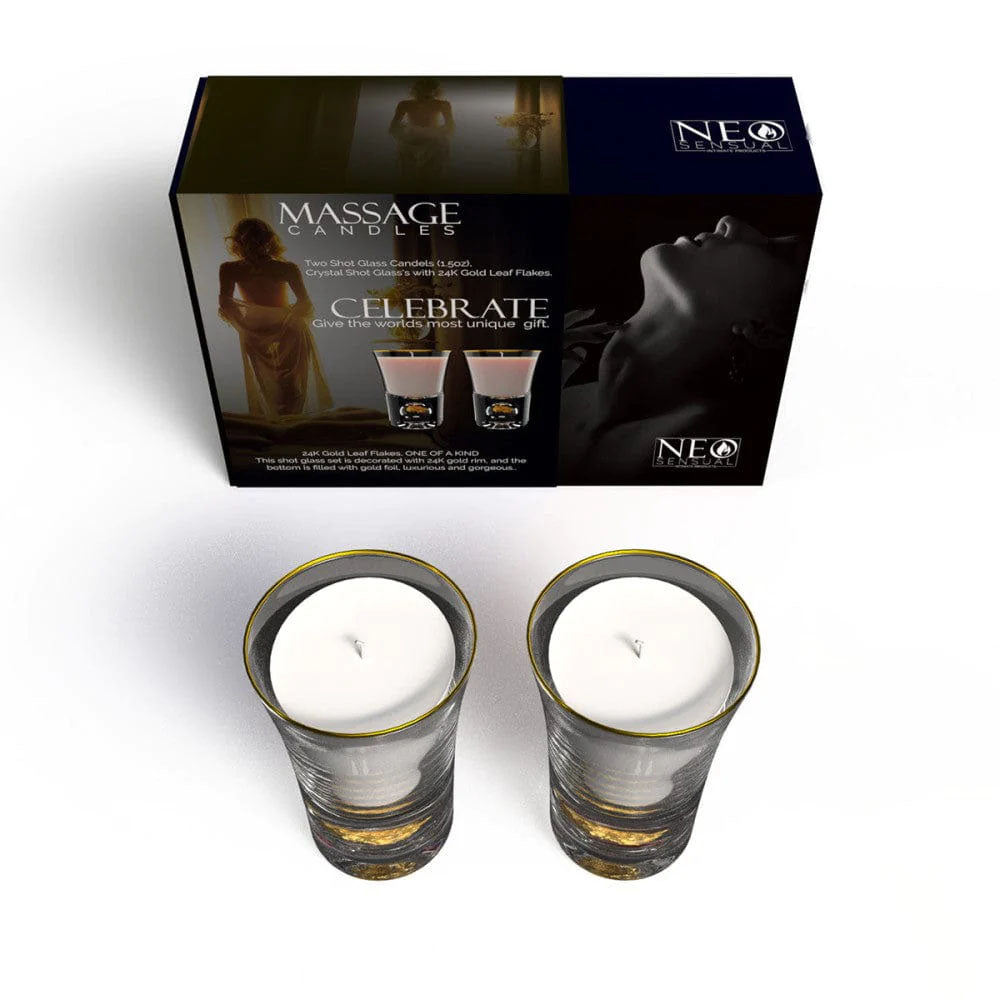 Neo Sensual Celebrate Duo Massage Candles 1 oz in elegant glass containers, perfect for intimate moments.