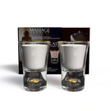 Neo Sensual Celebrate Duo Massage Candles 1 oz in elegant glass holders with gold leaf flakes and packaging.