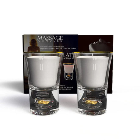 Neo Sensual Celebrate Duo Massage Candles 1 oz in elegant glass holders with gold leaf flakes and packaging.