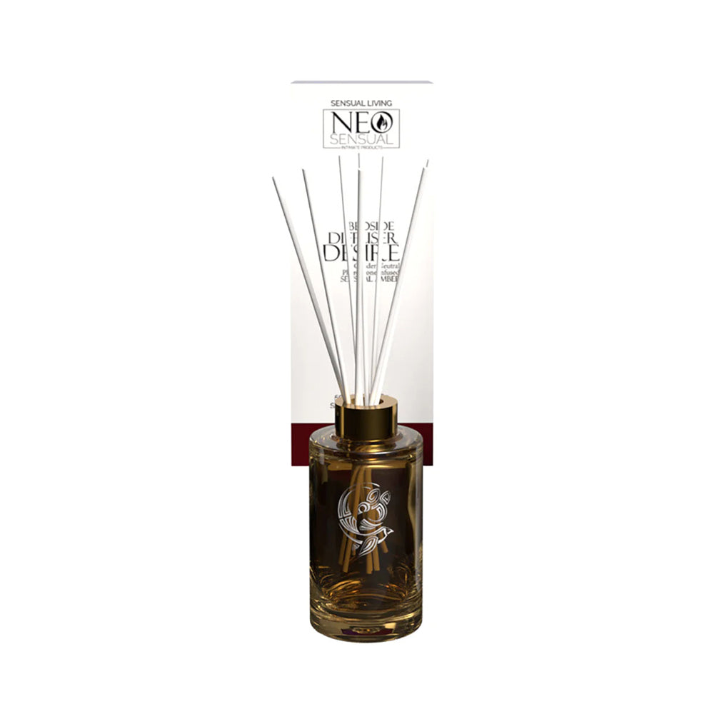 Neo Sensual Desire Pheromone Room Diffuser in an elegant bottle with reed sticks for aromatic ambiance.