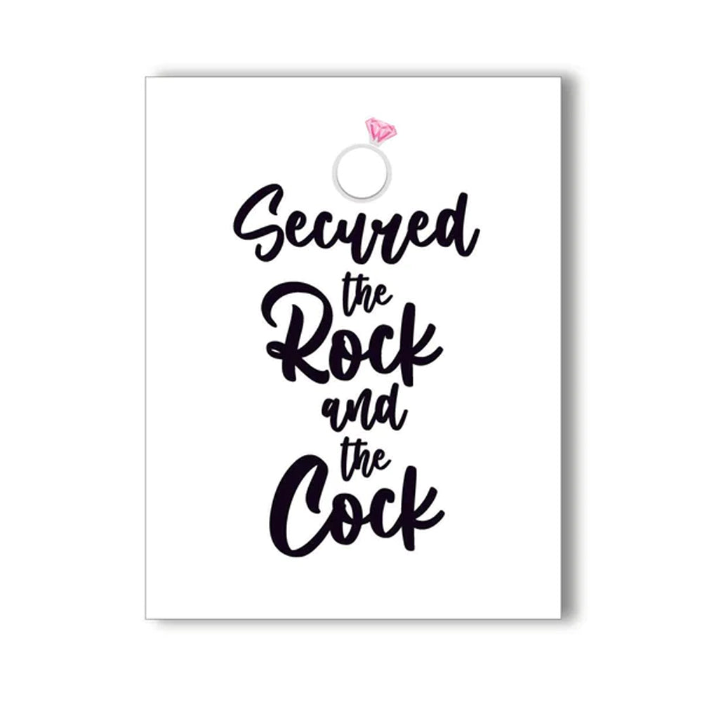 Rock Cock Naughtykard Bachelorette Greeting Card with playful text 'Secured the Rock and the Cock'