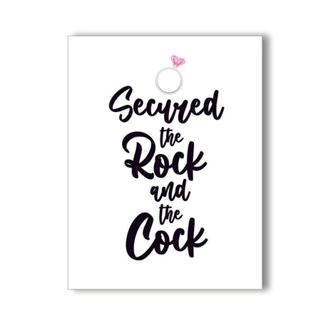 Rock Cock Naughtykard Bachelorette Greeting Card with playful text 'Secured the Rock and the Cock'