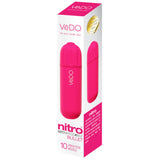 Vedo Nitro Rechargeable Bullet Pink packaging featuring a vibrant pink design and 10 vibration modes.