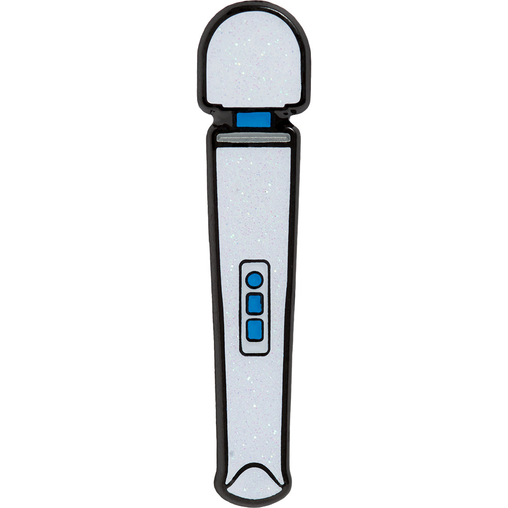 Wood Rocket Magic Wand Rechargeable Enamel Pin featuring a glittery microphone design, perfect for fans.