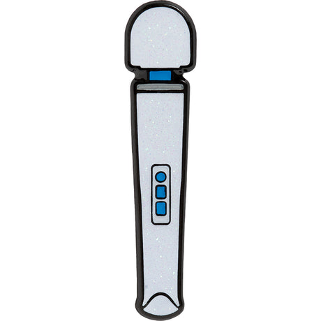 Wood Rocket Magic Wand Rechargeable Enamel Pin featuring a glittery microphone design, perfect for fans.
