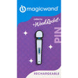 Wood Rocket Magic Wand Rechargeable Enamel Pin displayed on a colorful backing, highlighting its fun design.