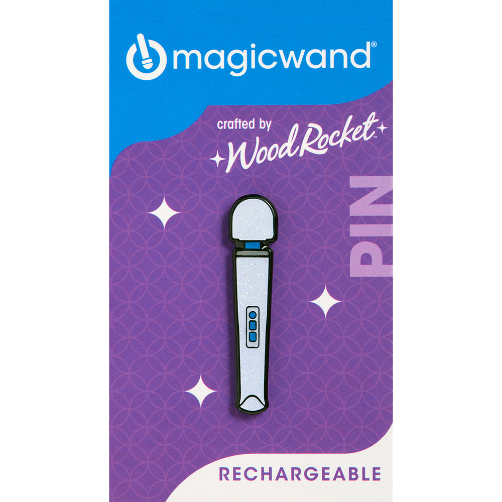 Wood Rocket Magic Wand Rechargeable Enamel Pin displayed on a colorful backing, highlighting its fun design.