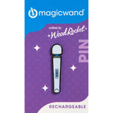 Wood Rocket Magic Wand Rechargeable Enamel Pin displayed on a colorful backing, highlighting its fun design.