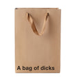 A Bag Of Dicks Bag in brown Kraft paper with ribbon handle for funny gift giving.