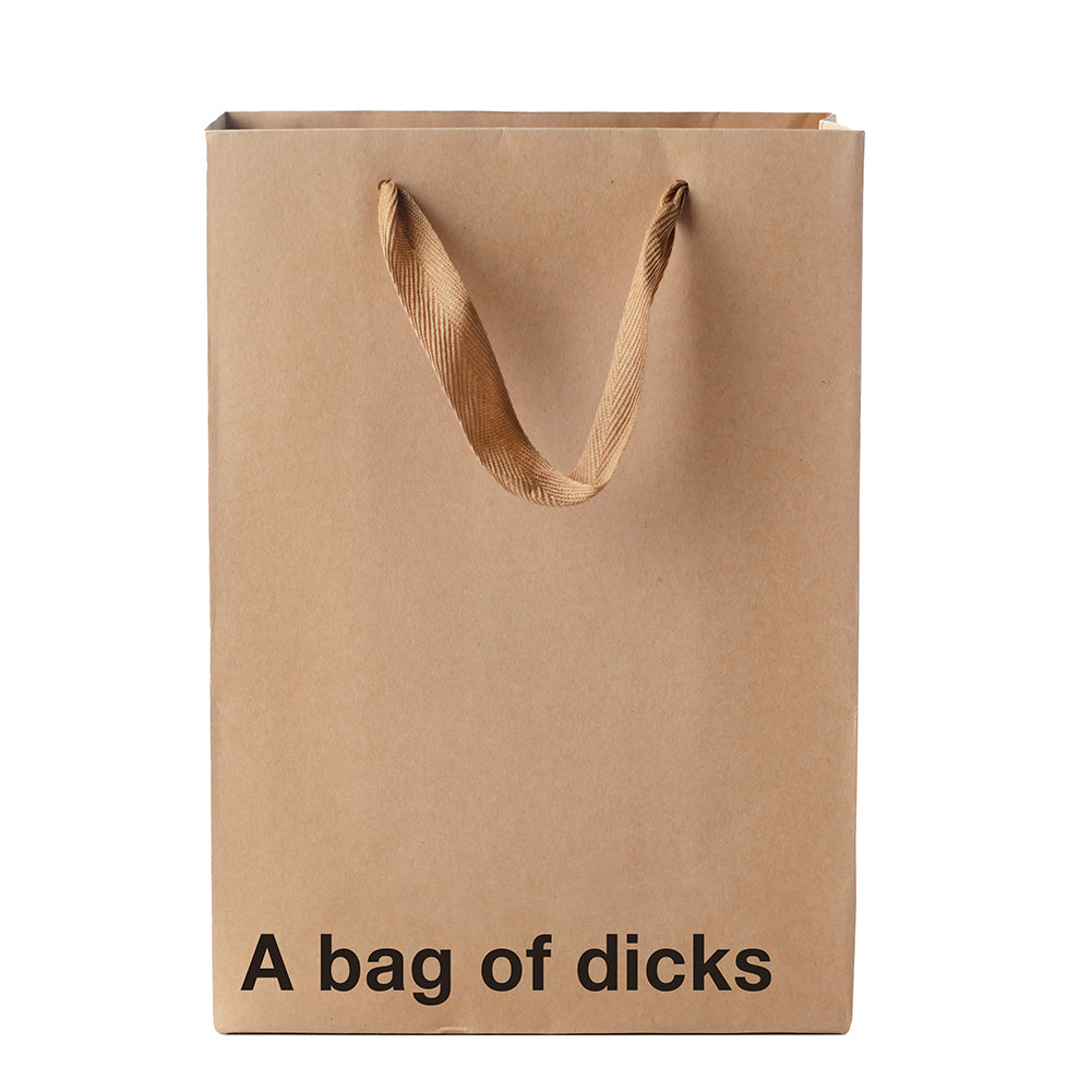 A Bag Of Dicks Bag in brown Kraft paper with ribbon handle for funny gift giving.