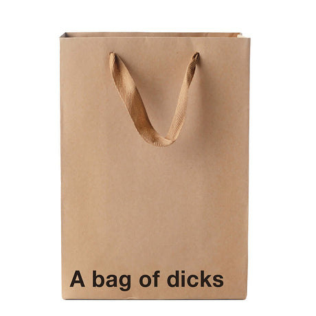 A Bag Of Dicks Bag in brown Kraft paper with ribbon handle for funny gift giving.