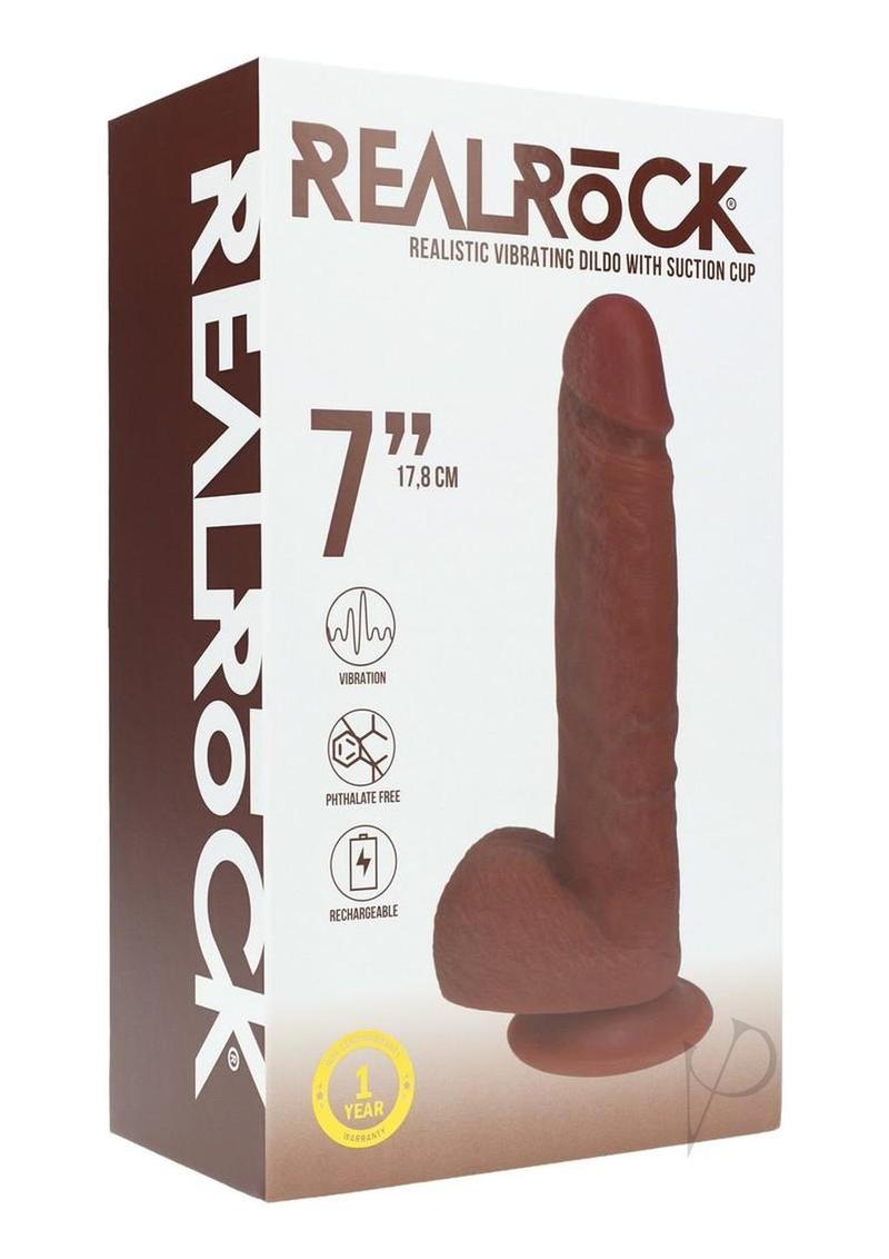 RealRock 7 Inch Vibrating Dildo with Balls Chocolate packaging showcasing realistic design and suction cup feature.