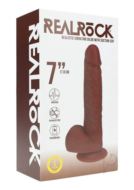 RealRock 7 Inch Vibrating Dildo with Balls Chocolate packaging showcasing realistic design and suction cup feature.