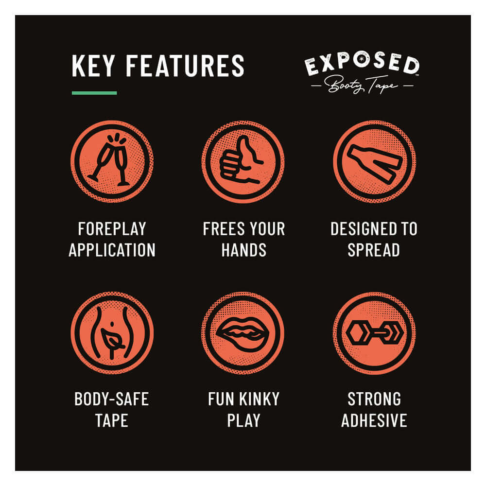 Key features of Exposed Booty Tape 20 Pieces Per Box including foreplay, body-safe, and strong adhesive.