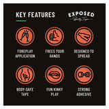 Key features of Exposed Booty Tape 20 Pieces Per Box including foreplay, body-safe, and strong adhesive.