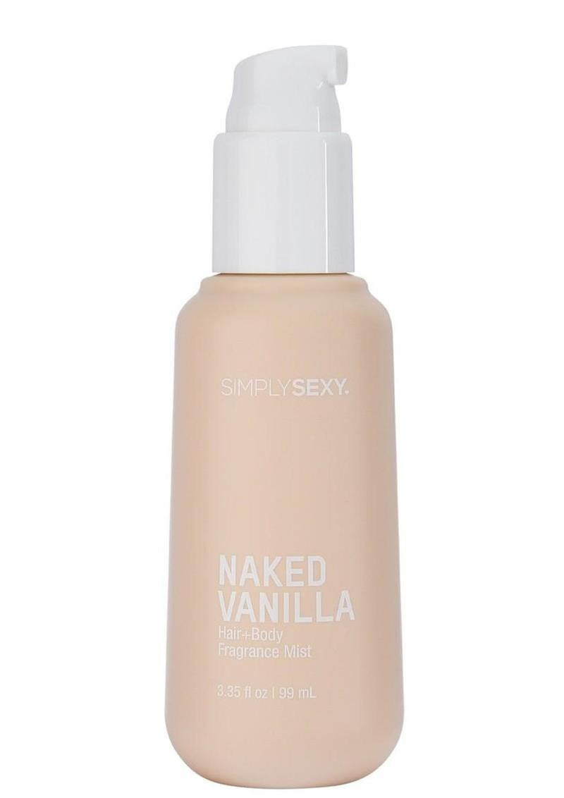 Simply Sexy Pheromone Hair & Body Mist Naked Vanilla 3.35 Oz bottle with a pump dispenser.