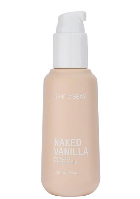 Simply Sexy Pheromone Hair & Body Mist Naked Vanilla 3.35 Oz bottle with a pump dispenser.