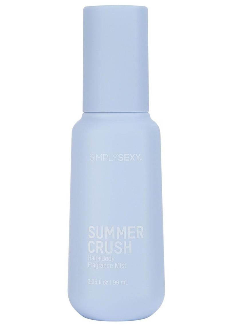 Simply Sexy Pheromone Hair & Body Mist Summer Crush 3.35 Oz in a light blue bottle.