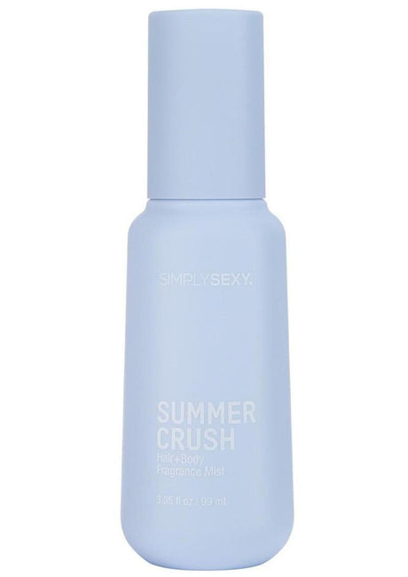 Simply Sexy Pheromone Hair & Body Mist Summer Crush 3.35 Oz in a light blue bottle.