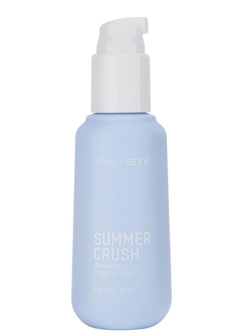 Simply Sexy Pheromone Hair & Body Mist Summer Crush 3.35 Oz in a light blue bottle with a pump top.