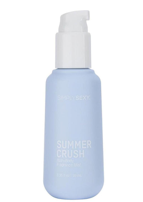 Simply Sexy Pheromone Hair & Body Mist Summer Crush 3.35 Oz in a light blue bottle with a pump top.