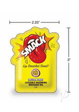 SMACK Warming Lickable Massage Oil Passion Fruit in a vibrant pouch with dimensions displayed.