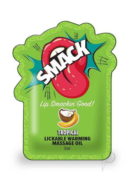 SMACK Warming Lickable Massage Oil 3ML Tropical Case of 48 packaging with vibrant colors and playful design.