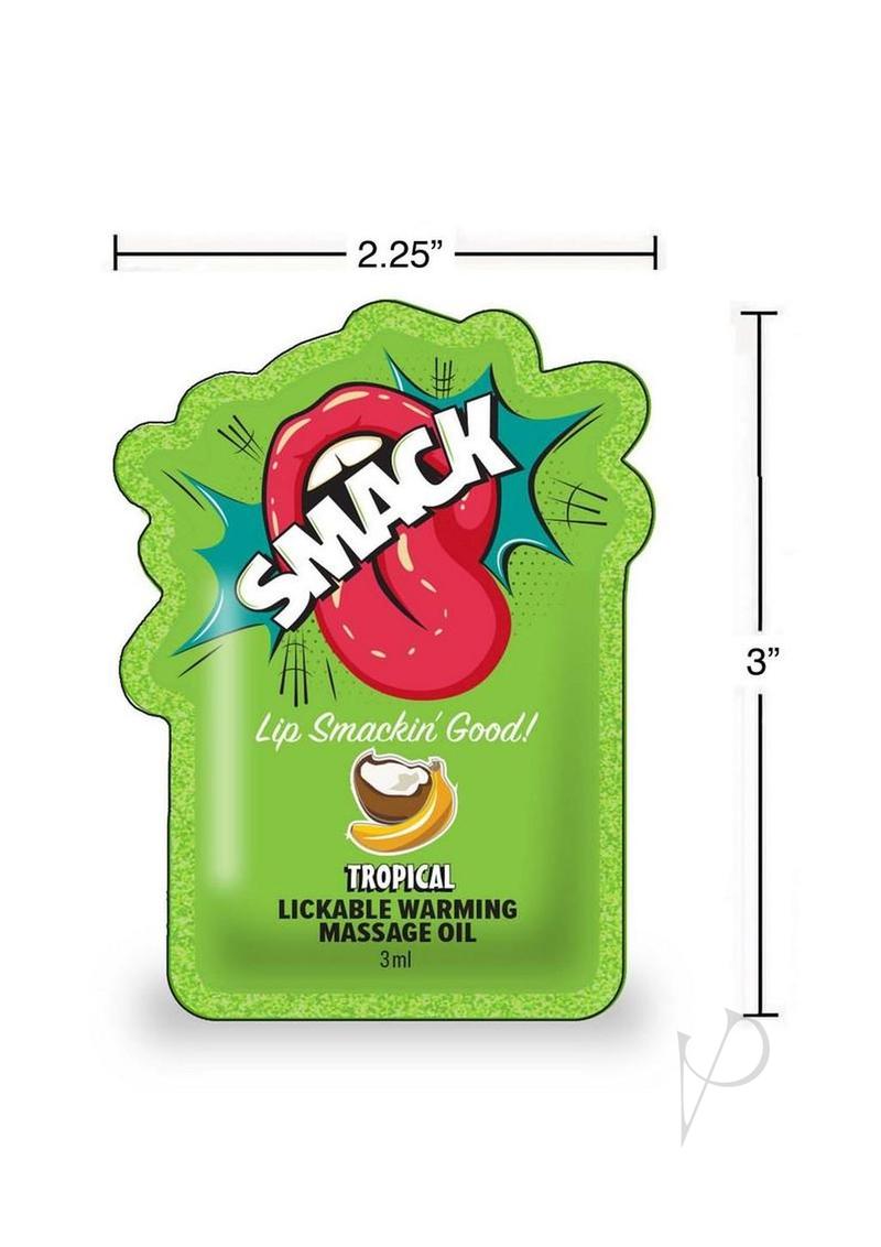 SMACK Warming Lickable Massage Oil 3ML Tropical Case of 48 pouch with measurements and vibrant design.