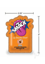 SMACK Warming Lickable Peach Massage Oil 3ML Pouch packaging design featuring a playful peach flavor.