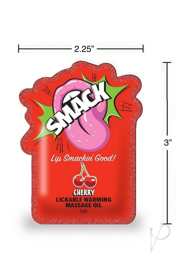 SMACK Warming Lickable Massage Oil 3ML Pouch Cherry packaging with dimensions and cherry flavor theme.