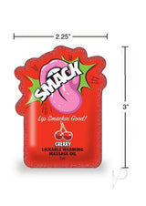 SMACK Warming Lickable Massage Oil 3ML Pouch Cherry packaging with dimensions and cherry flavor theme.