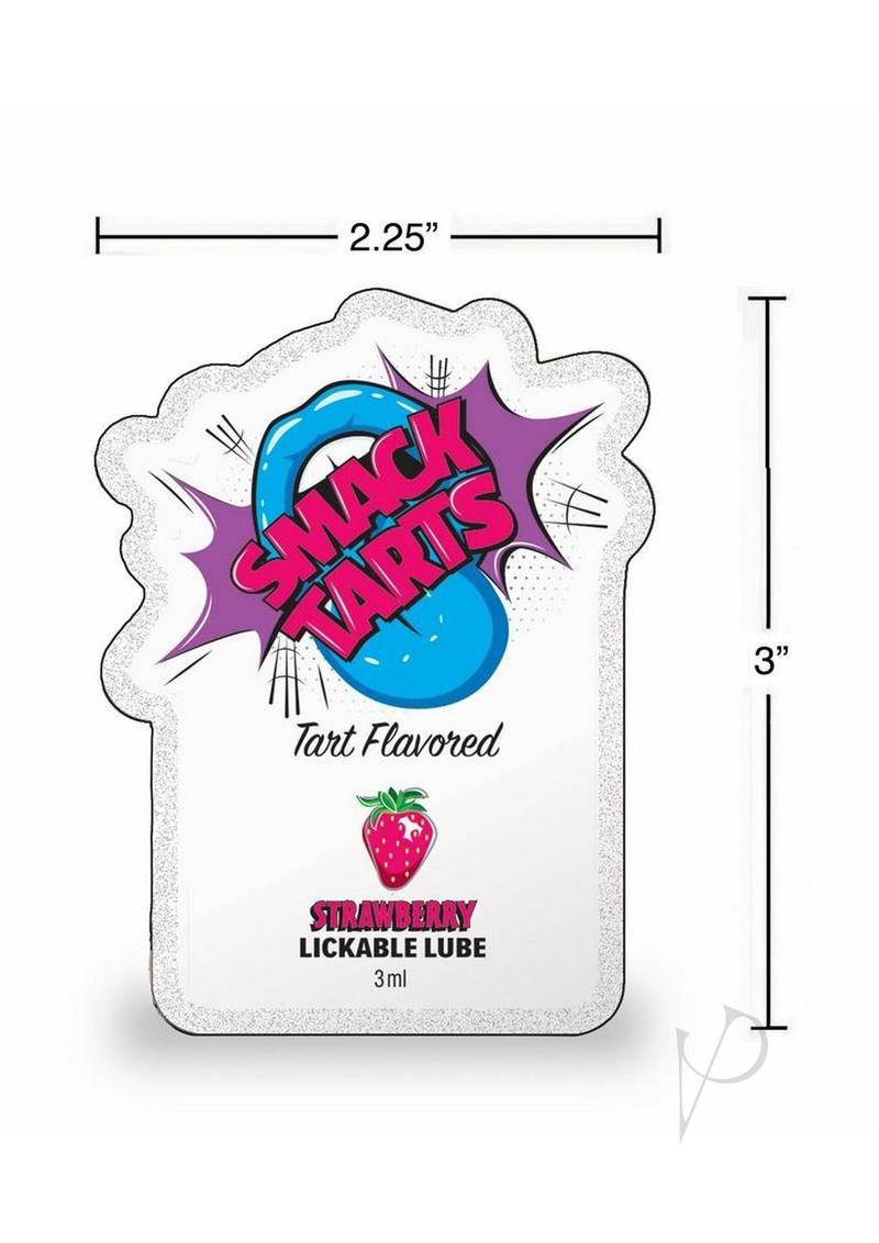 SMACK Tarts Lickable Lube Sour Strawberry Case of 48 3ml pouch with tart flavored strawberry design.