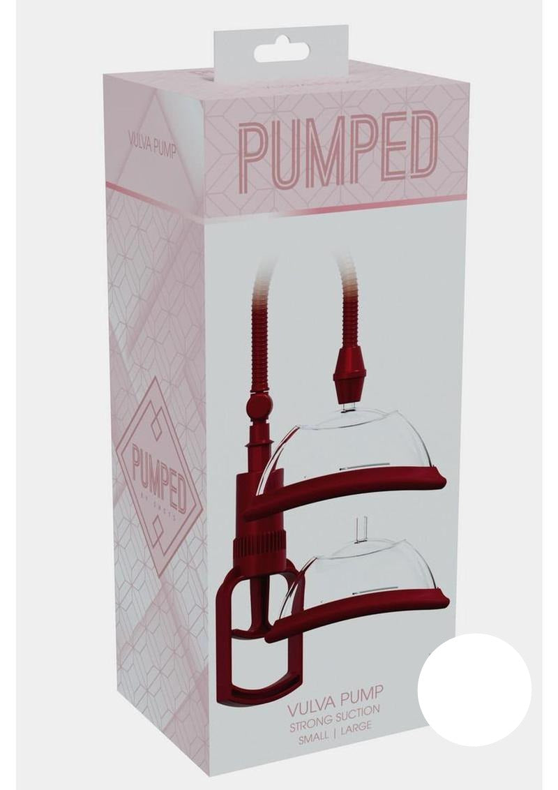 Pumped Manual Vagina Pump Red packaging featuring a vulva pump with strong suction features.