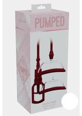 Pumped Manual Vagina Pump Red packaging featuring a vulva pump with strong suction features.