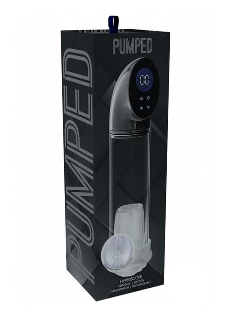 Pumped Hyperscope Automatic Male Pump with Vagina Sleeve Gun Metal packaging, featuring a transparent design and digital interface.