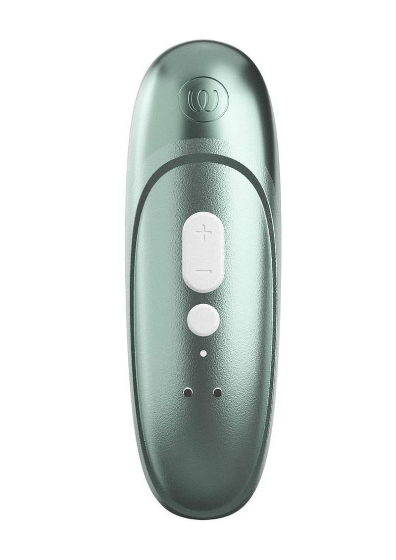 Womanizer Pleasure Pro Air Pulse Clitoral Vibrator Sage Green top view with buttons and sleek design.