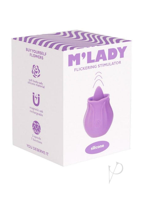 M'Lady Flickering Tongue Clitoral Stimulator Purple packaging featuring rose design and USB rechargeable features.