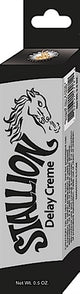Stallion Delay Creme Desensitizing 0.5 Oz packaging design, features a horse logo and product details.