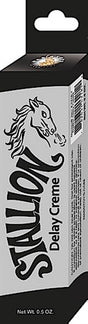 Stallion Delay Creme Desensitizing 0.5 Oz packaging design, features a horse logo and product details.