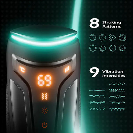 Dyso Impulsion Thrusting Vibrating Male Masturbator showing 8 stroking patterns and 9 vibration intensities.