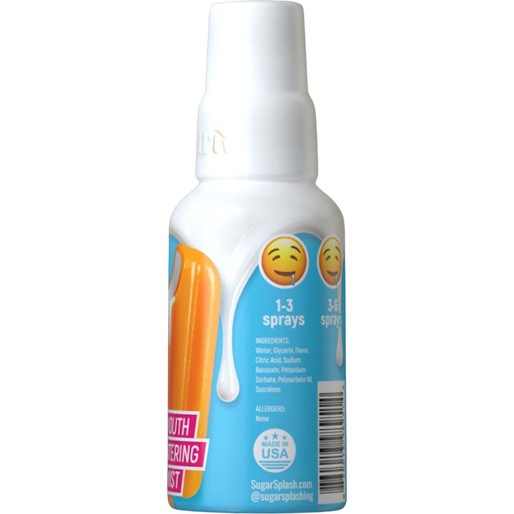 Sugar Splash Drip Mouth Watering Mist 1 Oz oral freshening spray packaging with instructions and ingredients.