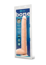 B-Vibe Bone Dildo with Balls & Suction Cup 17 inch Beige in packaging, showcasing its realistic design and length.