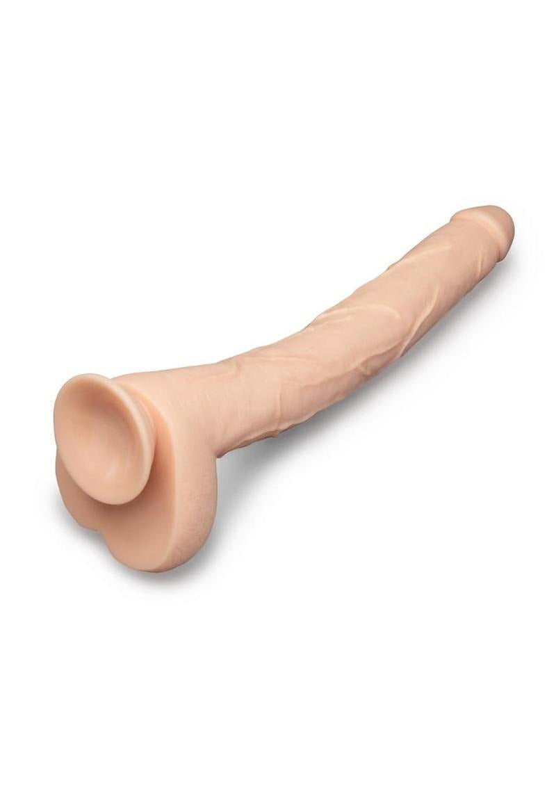 B-Vibe Bone Dildo with Balls & Suction Cup 17 inch Beige showcased from the side, highlighting its realistic design.
