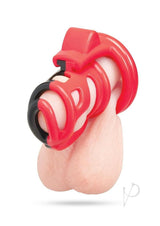 Red Zone Cock Shackle Chastity Cage 2 Inch Red and Black showing the device on display.